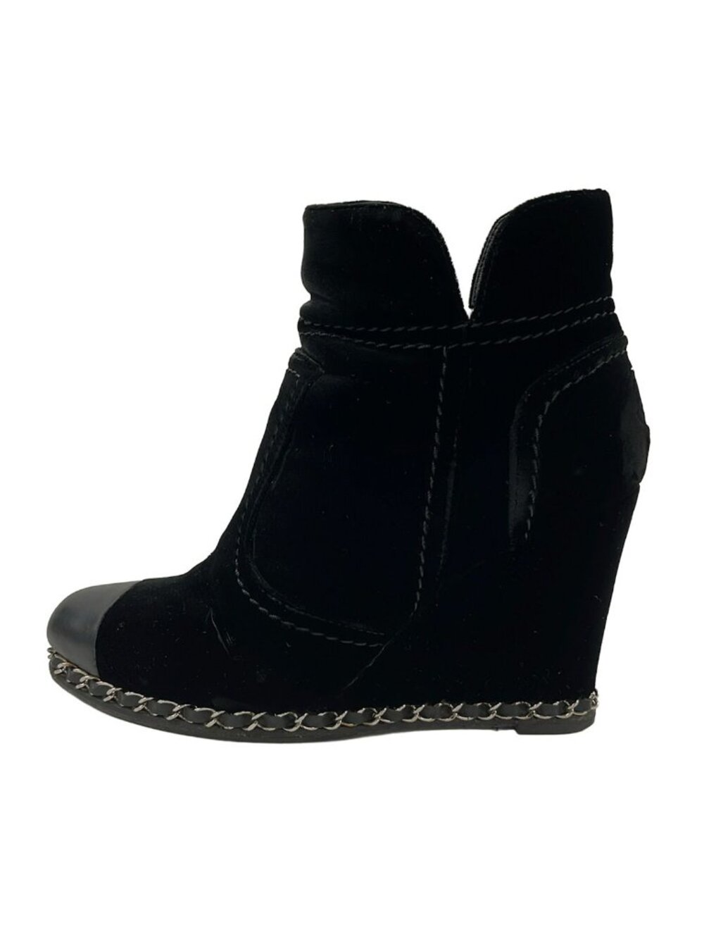 Chanel Short Boots Black Chain Wedge Sole Lambskin